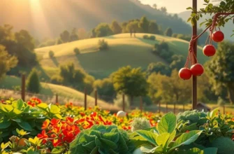 A lively orchard with a variety of fresh vegetables and fruits thriving in a natural setting.