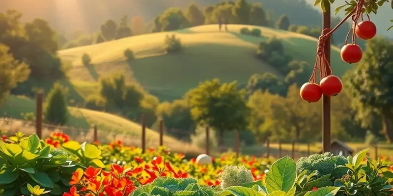 A lively orchard with a variety of fresh vegetables and fruits thriving in a natural setting.