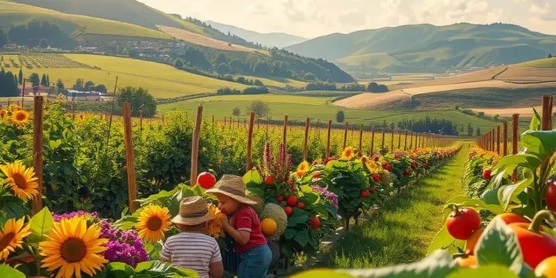 A natural landscape showcasing the beauty of organic fruits and vegetables in a sunlit setting.