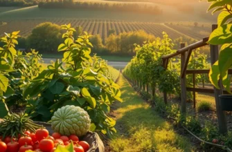 Lush field with an array of organic vegetables under soft sunlight.