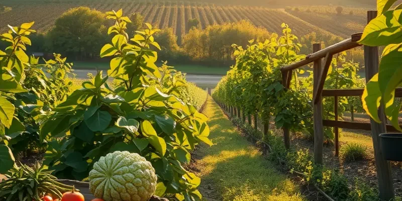 Lush field with an array of organic vegetables under soft sunlight.