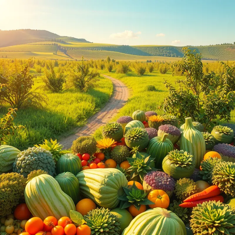 A picturesque orchard filled with organic fruits and vegetables basking in sunlight.