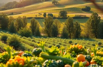 Photorealistic field with vibrant vegetables growing under soft, warm sunlight.