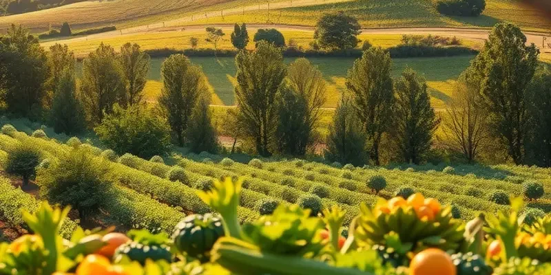Photorealistic field with vibrant vegetables growing under soft, warm sunlight.