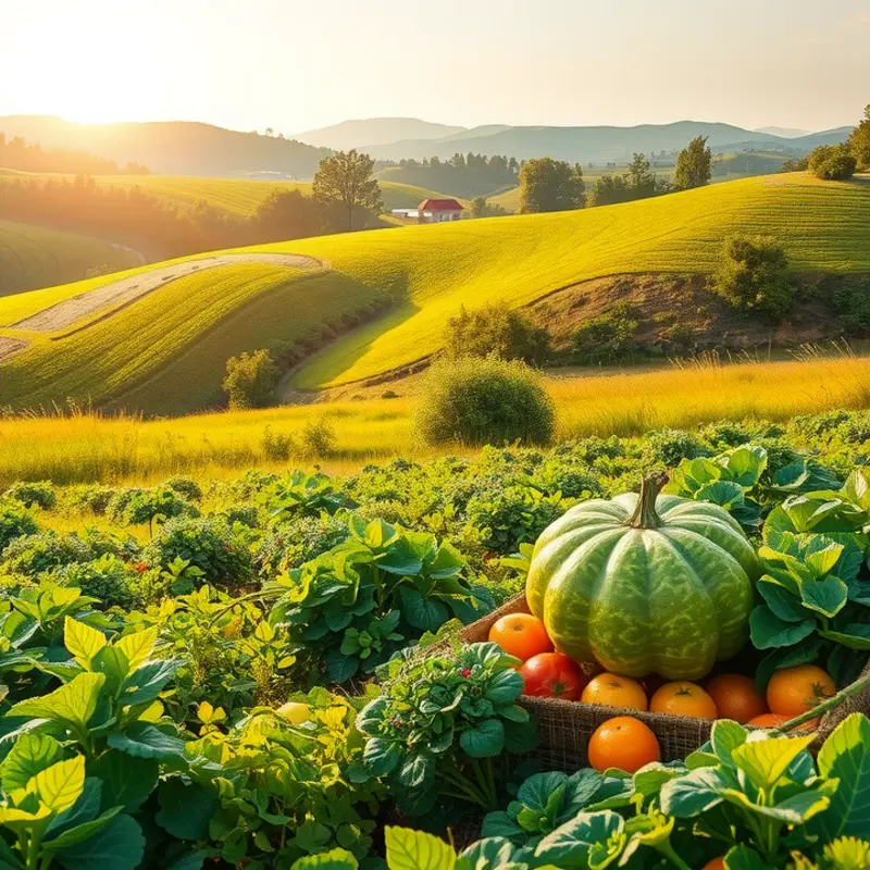 An abundant sunlit field showcasing vibrant fruits and vegetables.