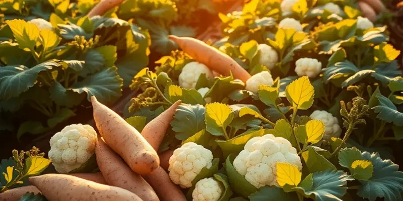A scenic view of a vibrant organic vegetable field filled with potatoes and nutritious alternatives under the sun.