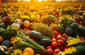 A scenic view of a lush field brimming with healthy organic fruits and vegetables under warm sunlight.