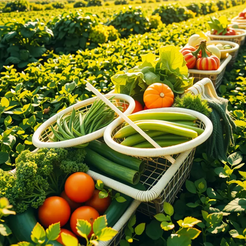 A beautiful sunlit field with an abundance of organic vegetables and fruits.