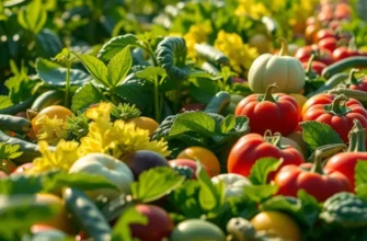 A sunlit field abundant with fresh vegetables and fruits, depicting nature's bounty.
