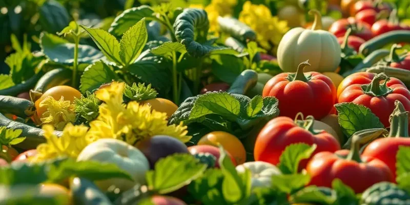 A sunlit field abundant with fresh vegetables and fruits, depicting nature's bounty.