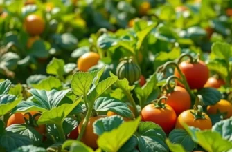 Photorealistic landscape displaying organic vegetables and fruits in a natural setting, emphasized by soft lighting and lush greenery.
