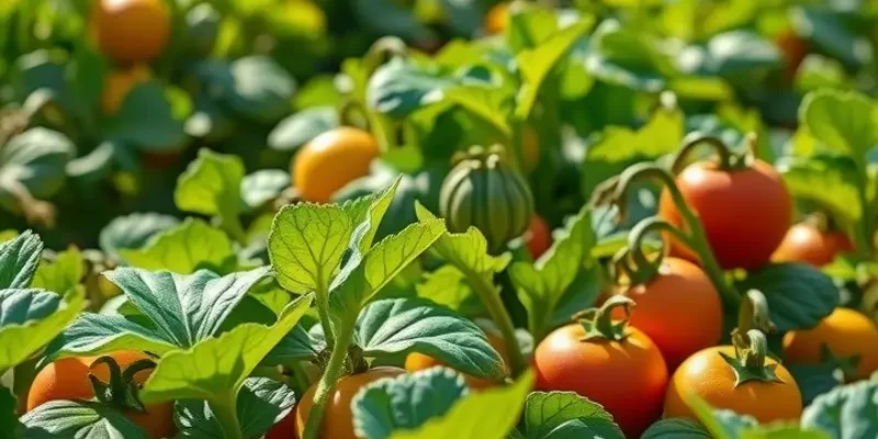 Photorealistic landscape displaying organic vegetables and fruits in a natural setting, emphasized by soft lighting and lush greenery.