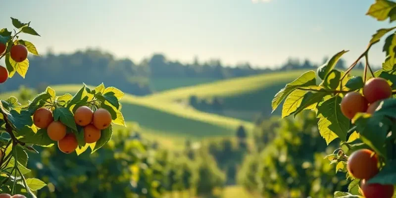 A scenic view of an organic vegetable field under a bright sky.