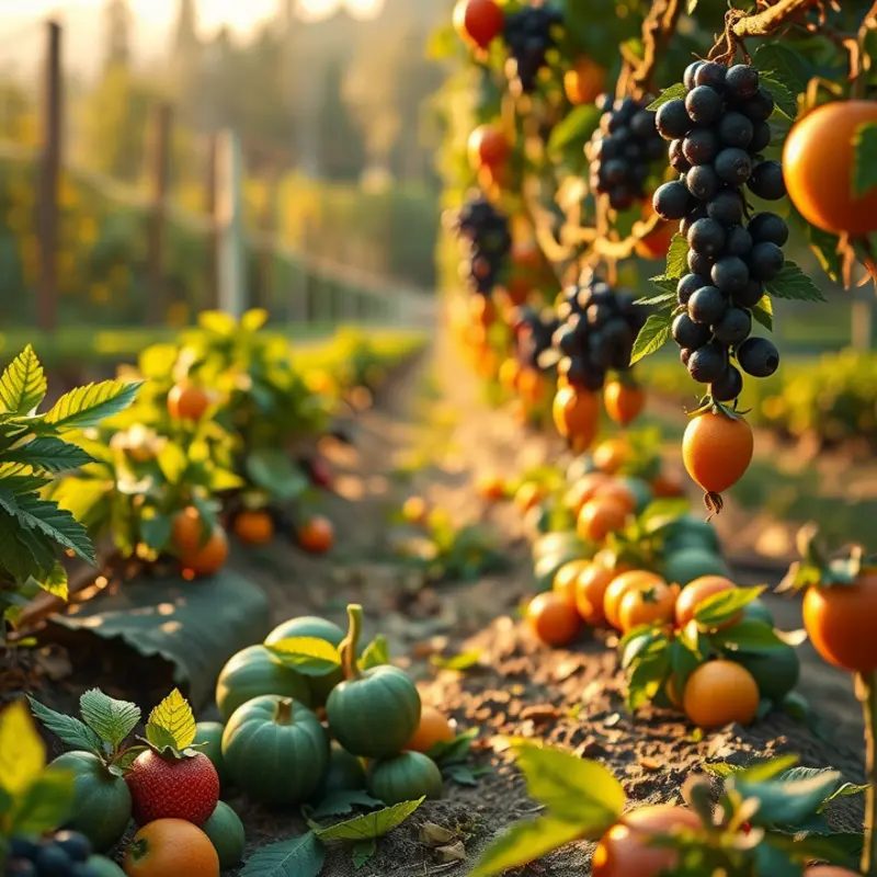 A serene orchard bursting with fresh fruits and vegetables, representing the beauty of mindful food choices.