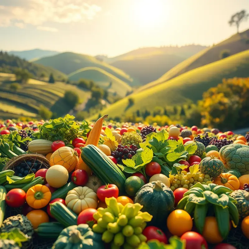 A sunlit landscape showcasing vibrant produce in an organic setting.