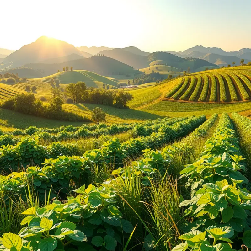 A vibrant sunlit orchard filled with fresh fruits and vegetables symbolizes healthy smoothie ingredients.