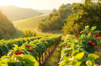 A picturesque landscape of an orchard with fresh fruits and vegetables, symbolizing the essence of a well-stocked pantry.