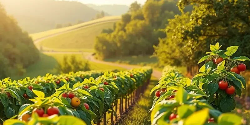 A picturesque landscape of an orchard with fresh fruits and vegetables, symbolizing the essence of a well-stocked pantry.