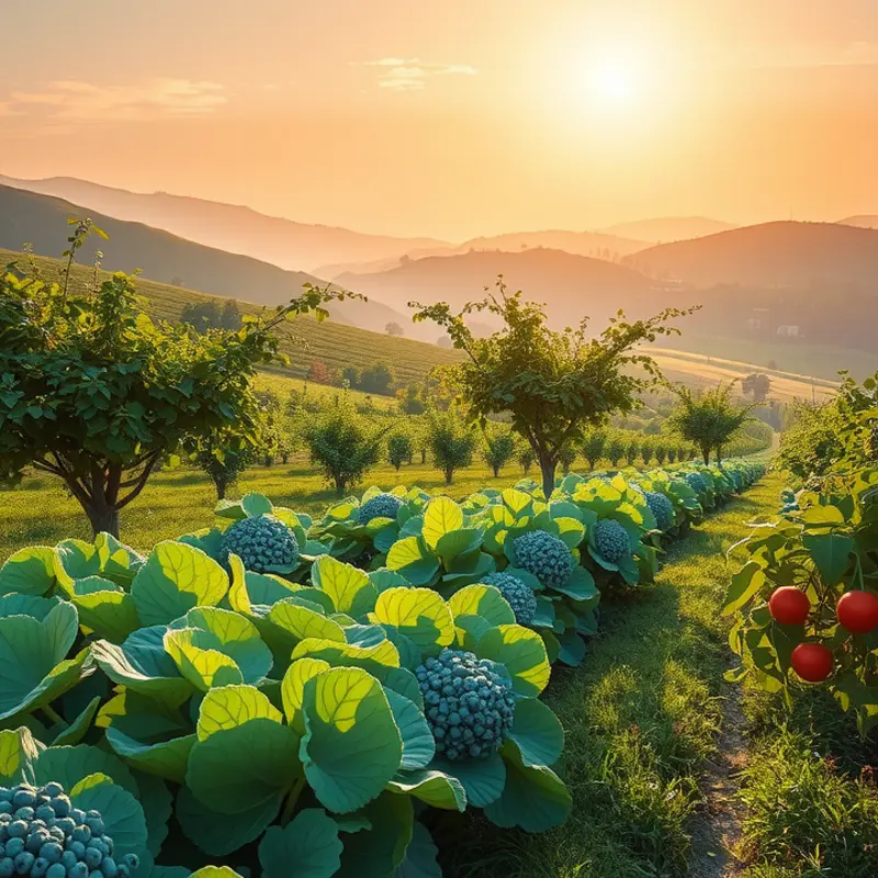 A vibrant sunlit field showcasing a variety of organic produce.