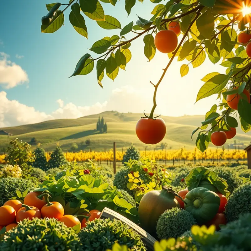 A vibrant sunlit field showcasing a variety of organic produce.