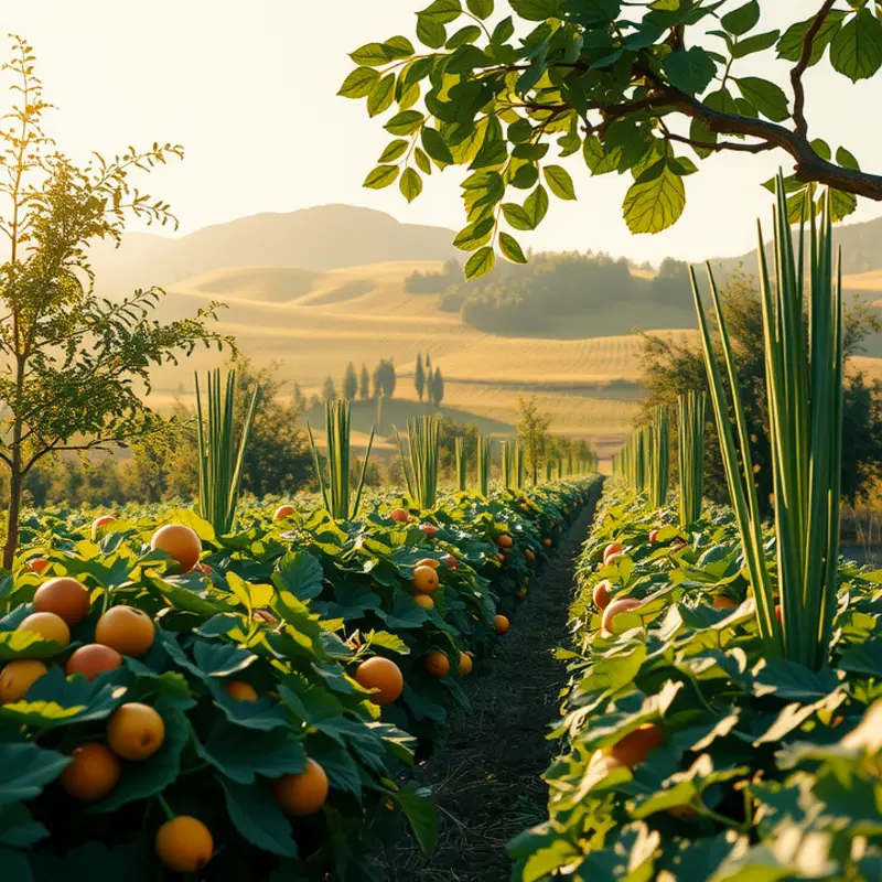 A sunlit orchard filled with fresh, vibrant produce, symbolizing natural nourishment.