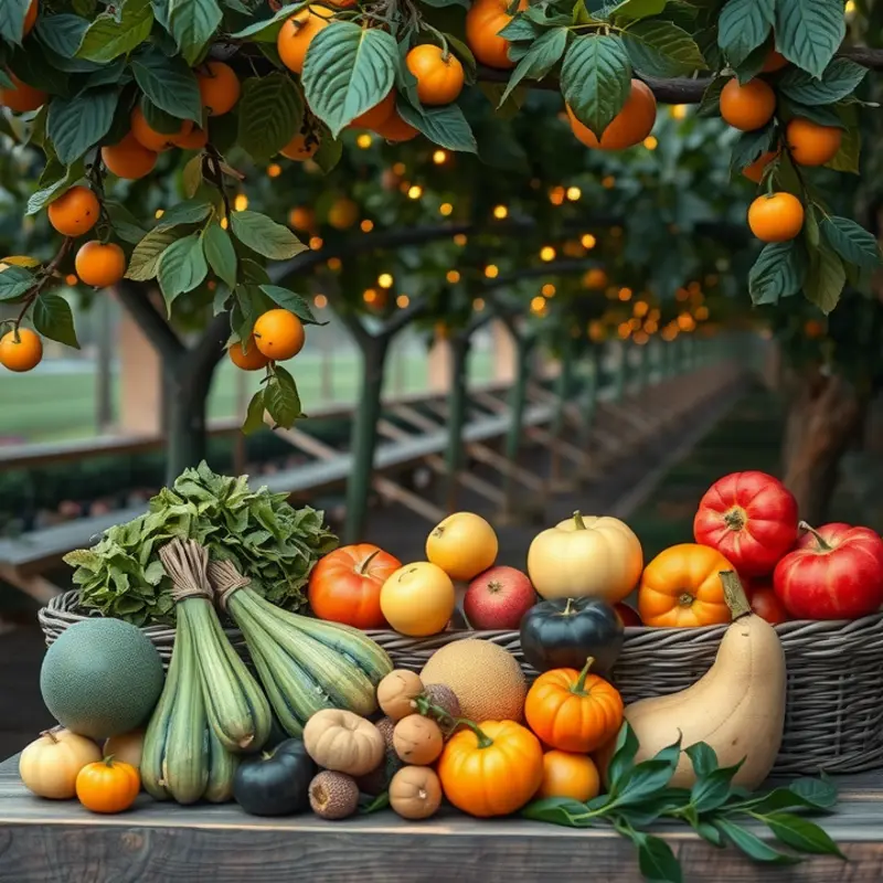A sunlit field bursting with vibrant vegetables and fruits.