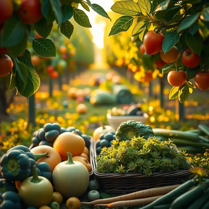 A vibrant sunlit field filled with fresh organic produce.