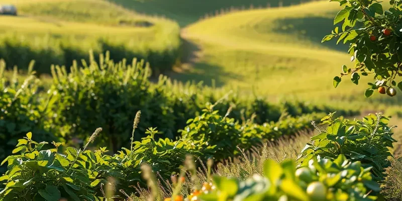 A picturesque field filled with fresh organic vegetables and fruits, surrounded by nature, illustrating the concept of healthy eating.