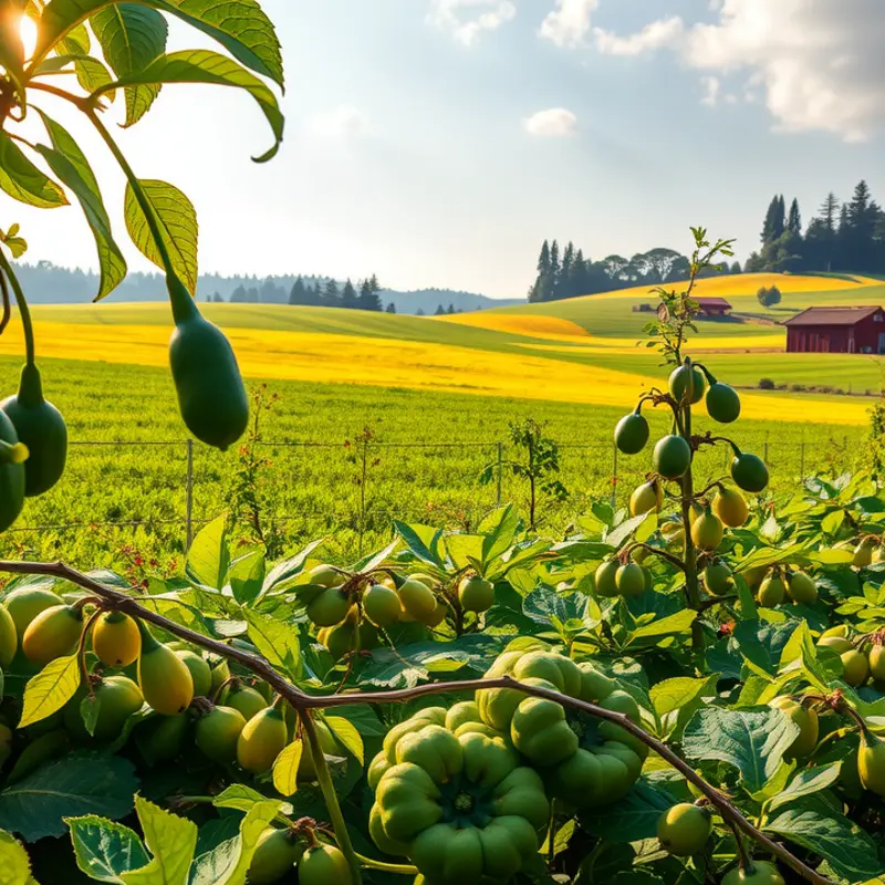 A vibrant sunlit landscape showcasing the abundance of fruits and vegetables.