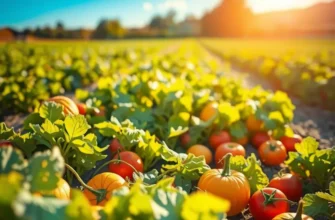 A scenic landscape of an expansive field rich with organic fruits and vegetables in natural sunlight.