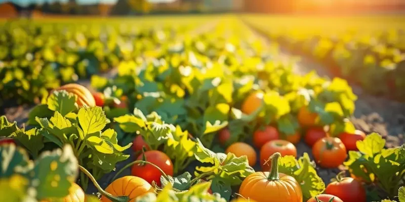 A scenic landscape of an expansive field rich with organic fruits and vegetables in natural sunlight.