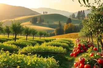 A picturesque scene of a sunlit field with a variety of fruits and vegetables.