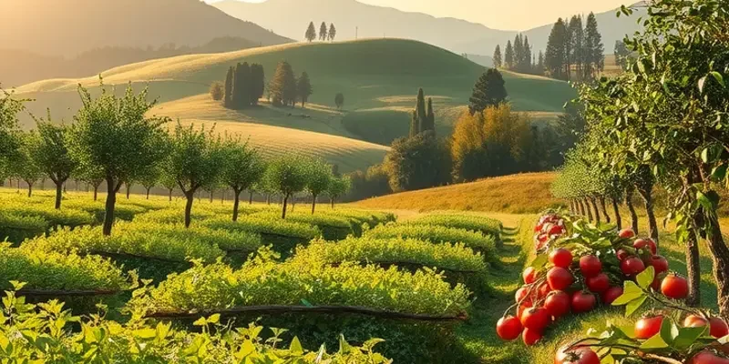 A picturesque scene of a sunlit field with a variety of fruits and vegetables.