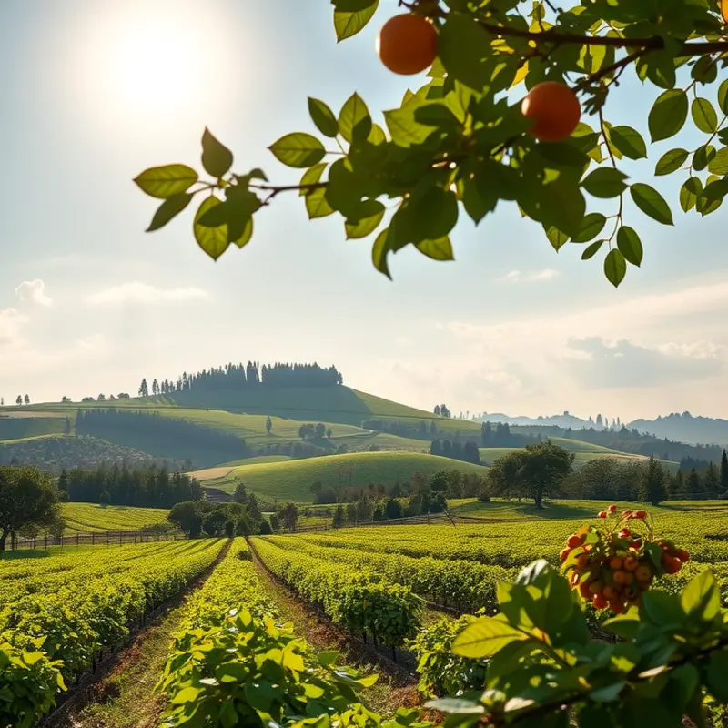A scenic depiction of a sunlit landscape showcasing vibrant vegetables and fruits.