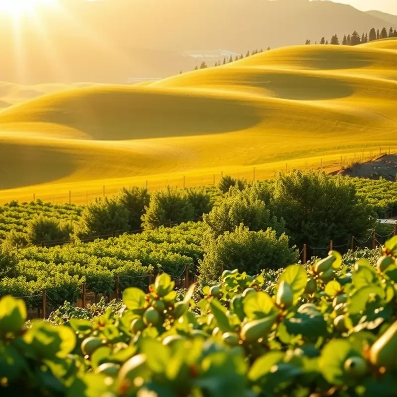 A scenic depiction of a sunlit landscape showcasing vibrant vegetables and fruits.