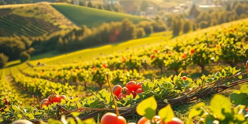A scenic field filled with various vibrant fruits and vegetables highlighting healthy nutrition.