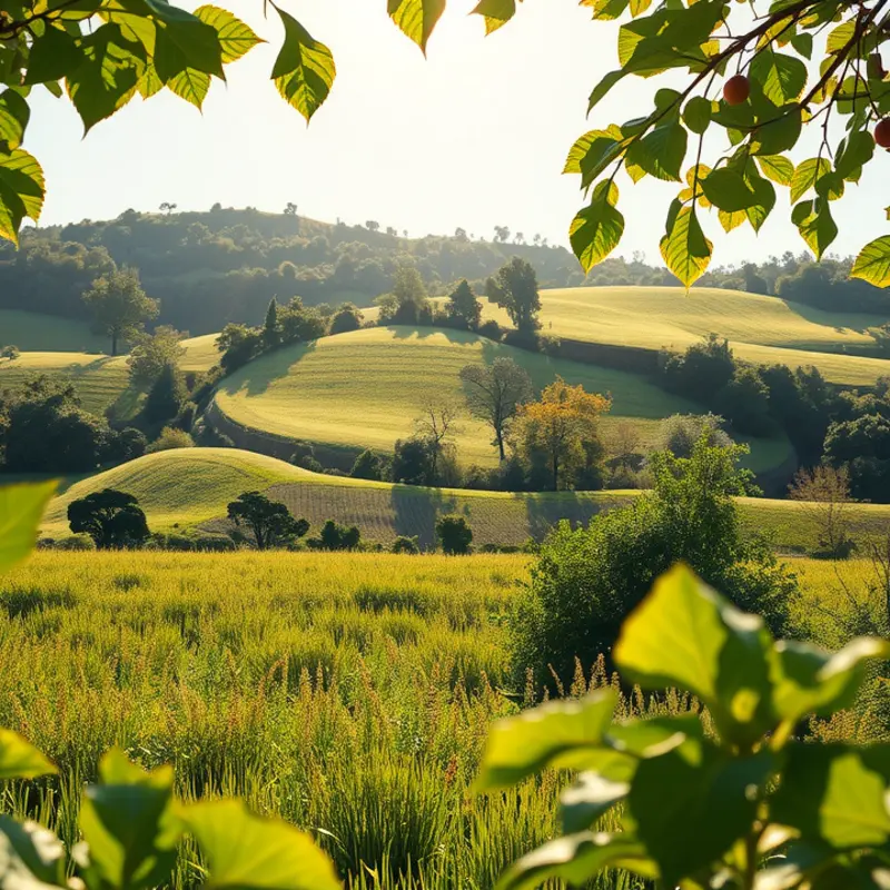 A sunlit landscape with vibrant crops representing healthy nutrition.