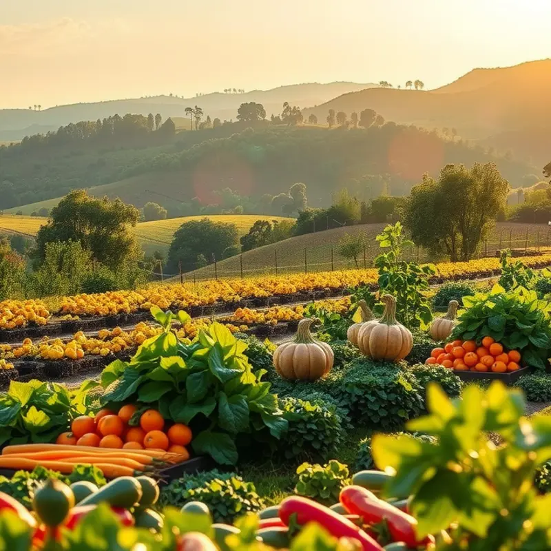 A sunlit field abundant with vibrant fruits and vegetables.