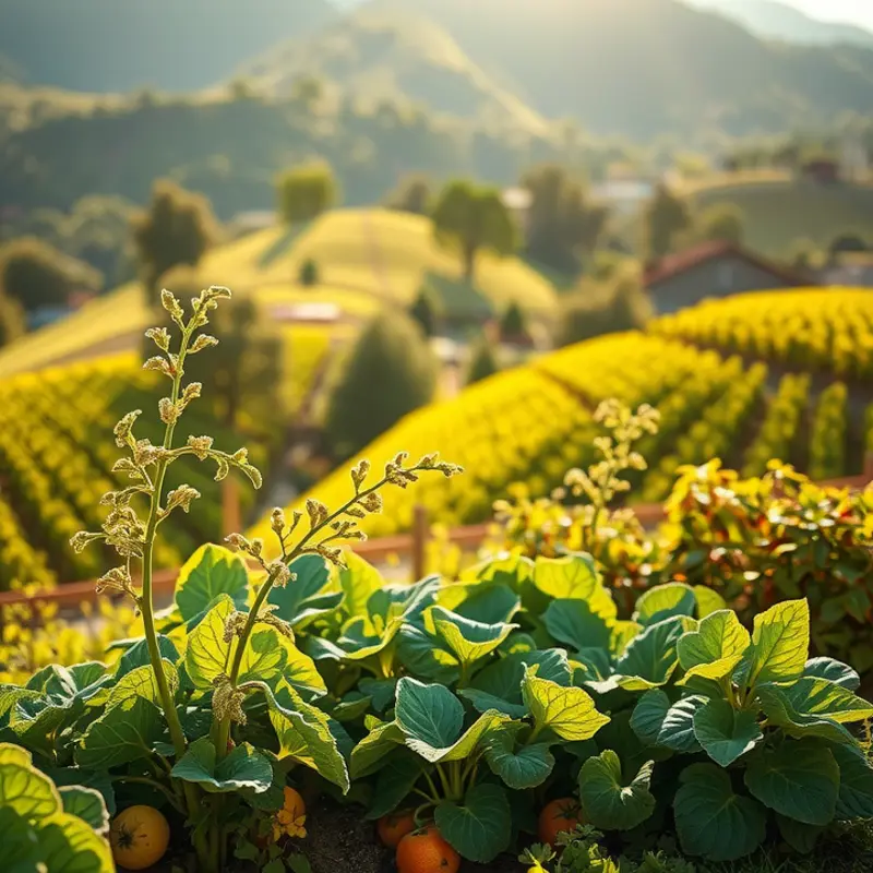 A vibrant sunlit orchard showcasing organic fruits and vegetables.