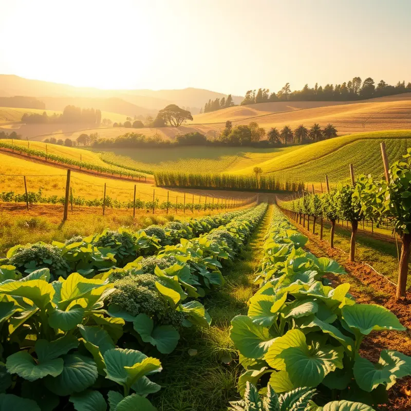 A vibrant sunlit orchard showcasing organic fruits and vegetables.