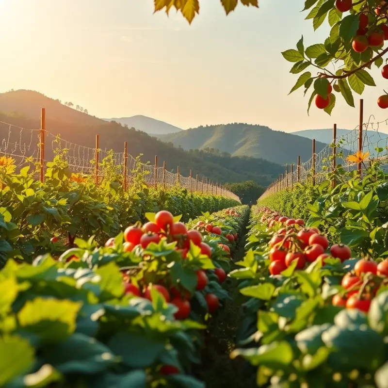A sunlit orchard brimming with fresh, vibrant produce representing local and seasonal foods.