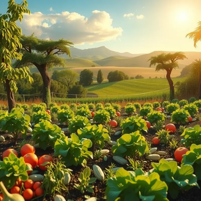 A sunny orchard overflowing with fresh organic fruits and vegetables.