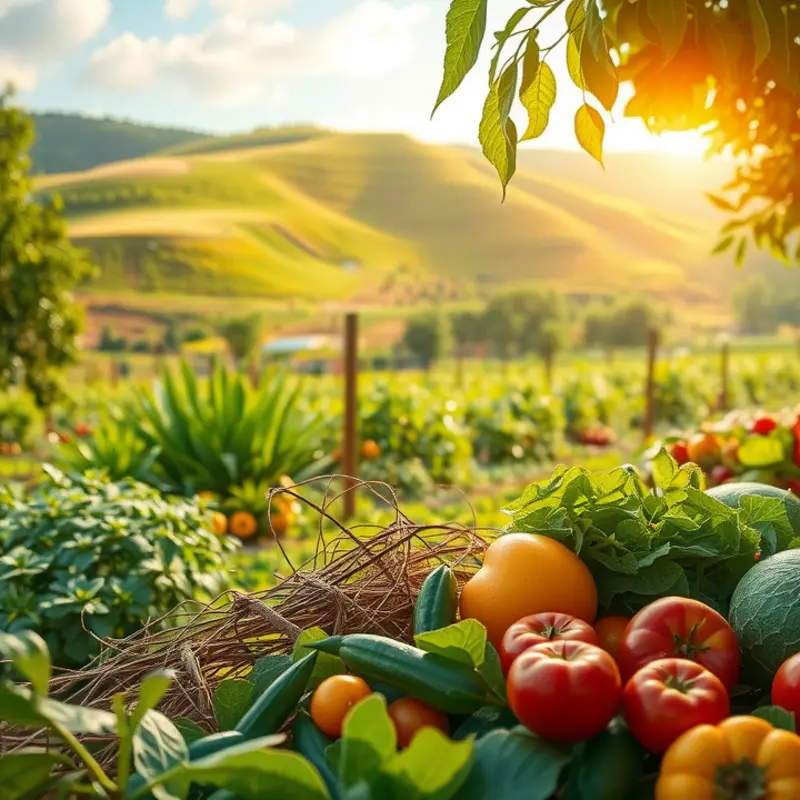 A lush, sunlit field filled with organic plants representing sustainable sweeteners.
