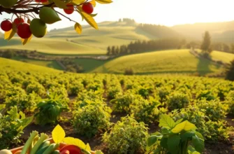A peaceful natural landscape showcasing vibrant vegetables and organic fruits in a harmonious environment.