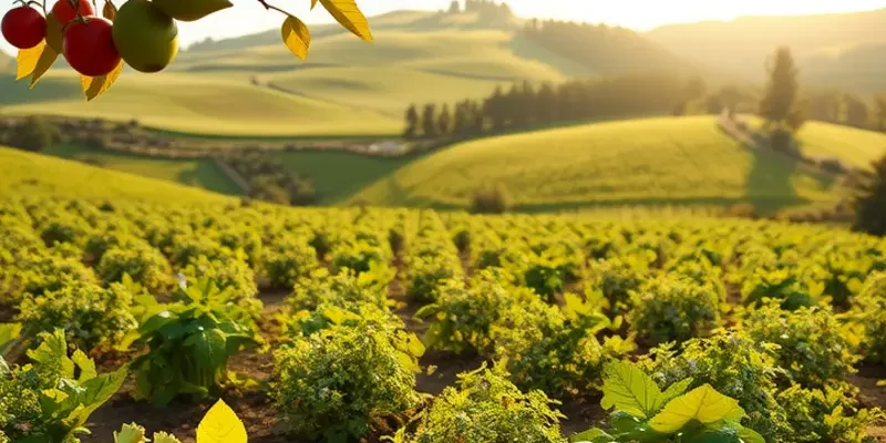 A peaceful natural landscape showcasing vibrant vegetables and organic fruits in a harmonious environment.