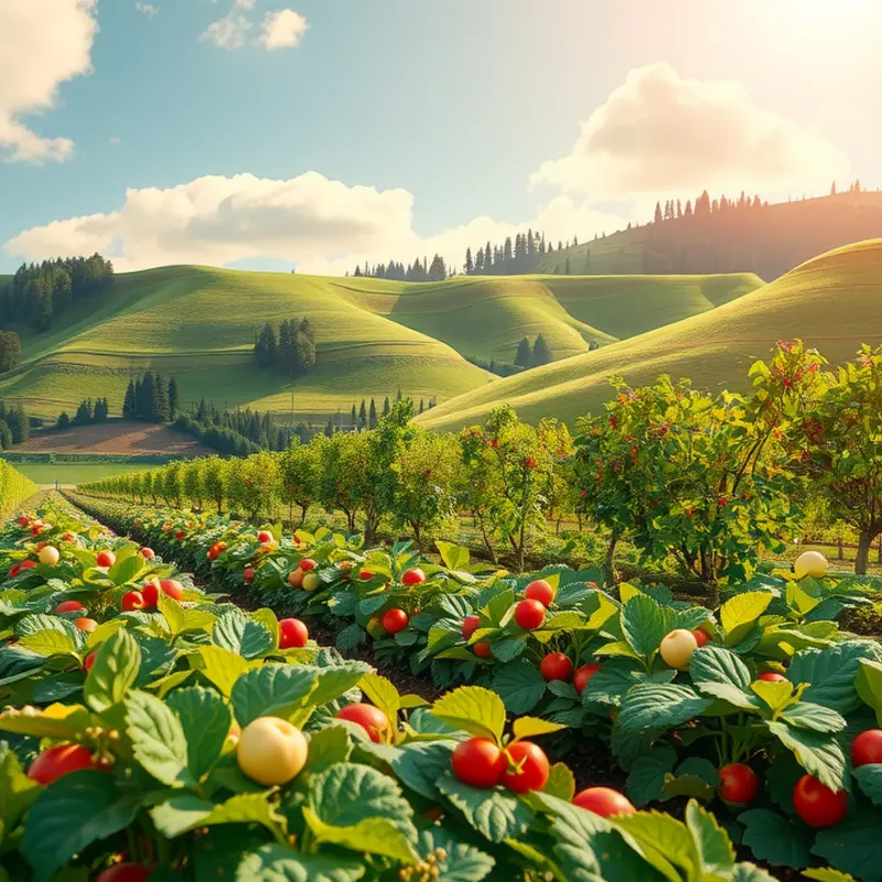 A vibrant sunlit field showcasing an abundance of organic fruits and vegetables.
