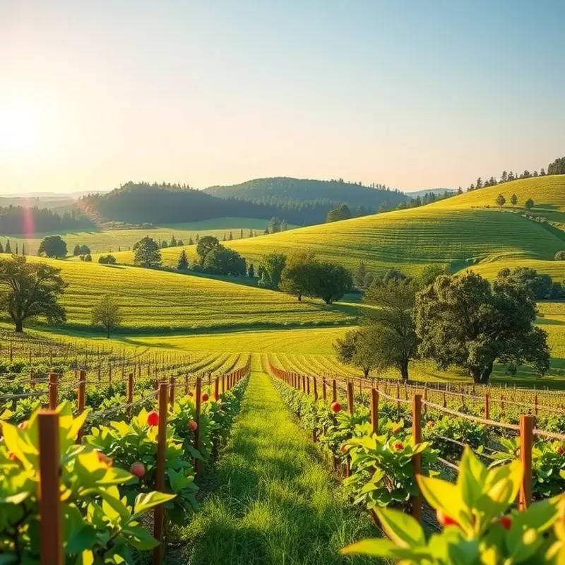 A vibrant sunlit field showcasing an abundance of organic fruits and vegetables.