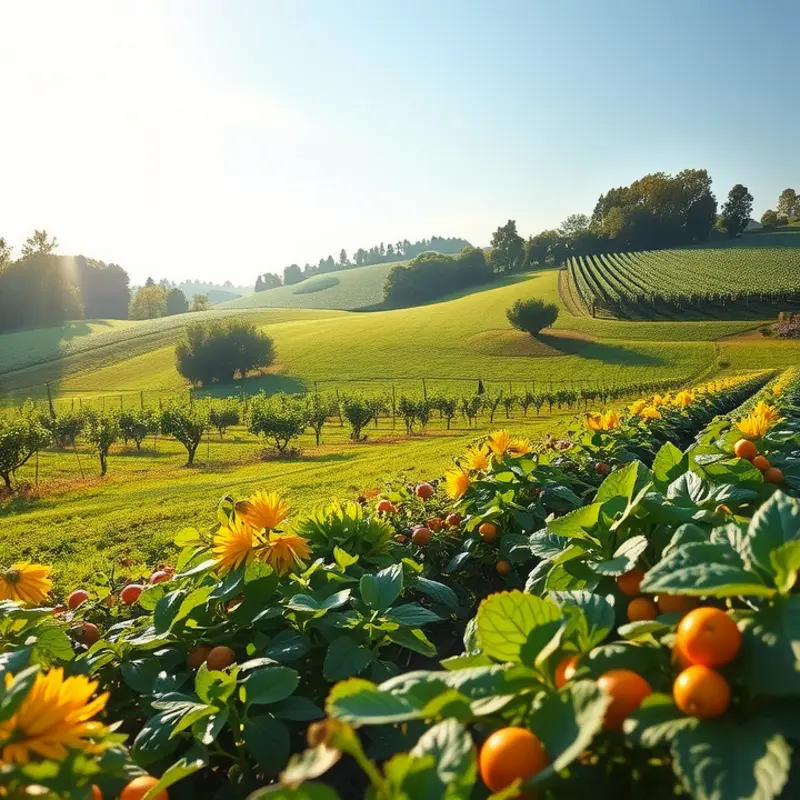 A lush organic field showcasing vibrant vegetables and fruits.