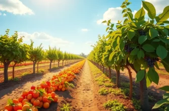 A scenic orchard filled with various fruits and vegetables, emphasizing the concept of healthy eating.