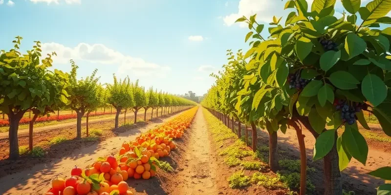 A scenic orchard filled with various fruits and vegetables, emphasizing the concept of healthy eating.